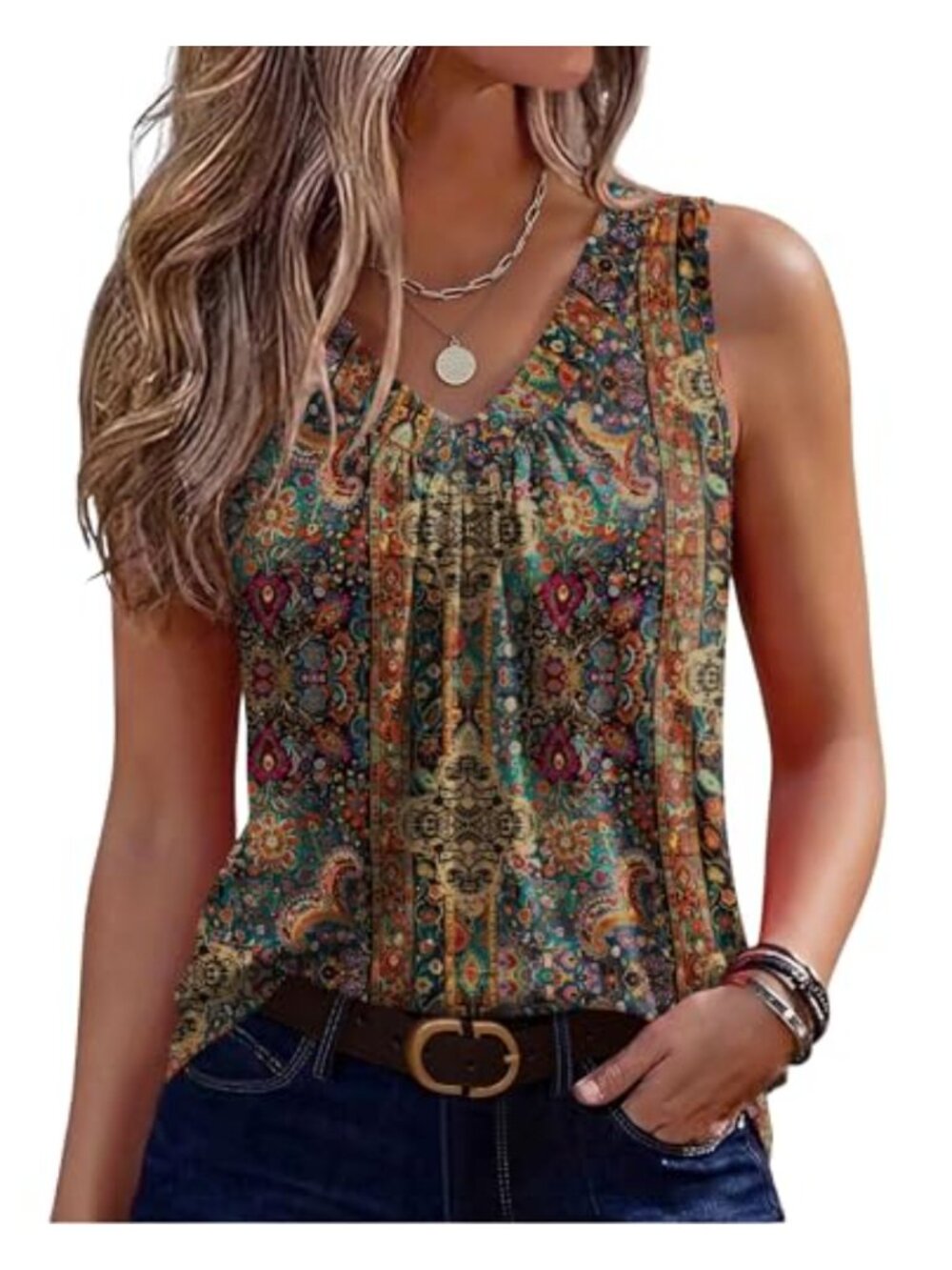 Womens Sleeveless Pleated V Neck Tank Top Summer Blouse